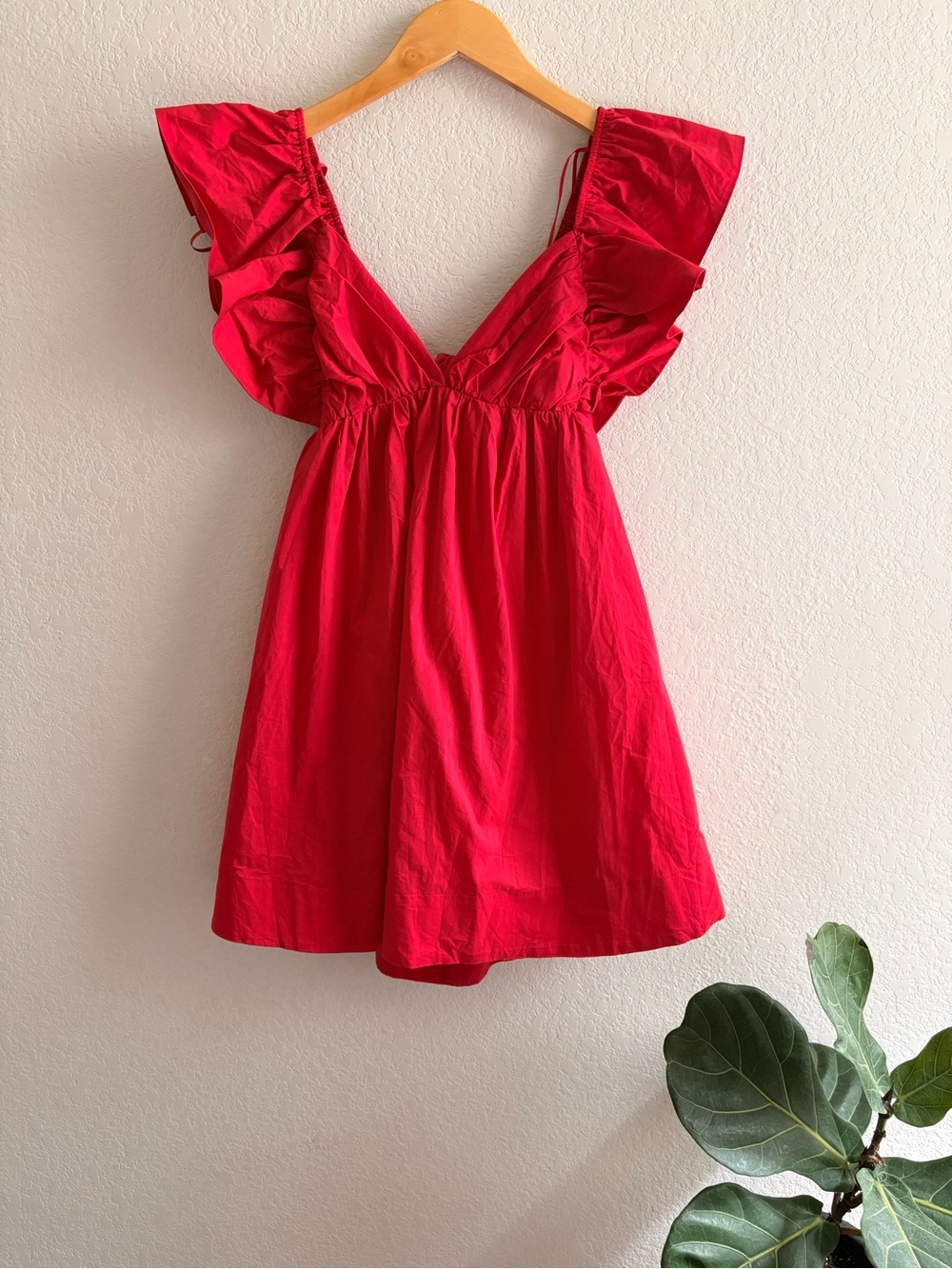 NWT  Day + Moon Women's Red Mini Dress with Ruffle Sleeves and Tie Back Size S